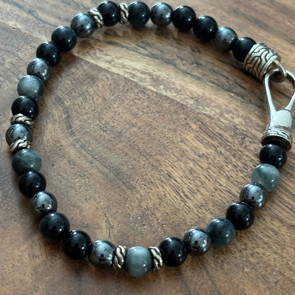 Men's John Hardy Beaded Bracelet with Hematite and Black Agate silver 8 inch
